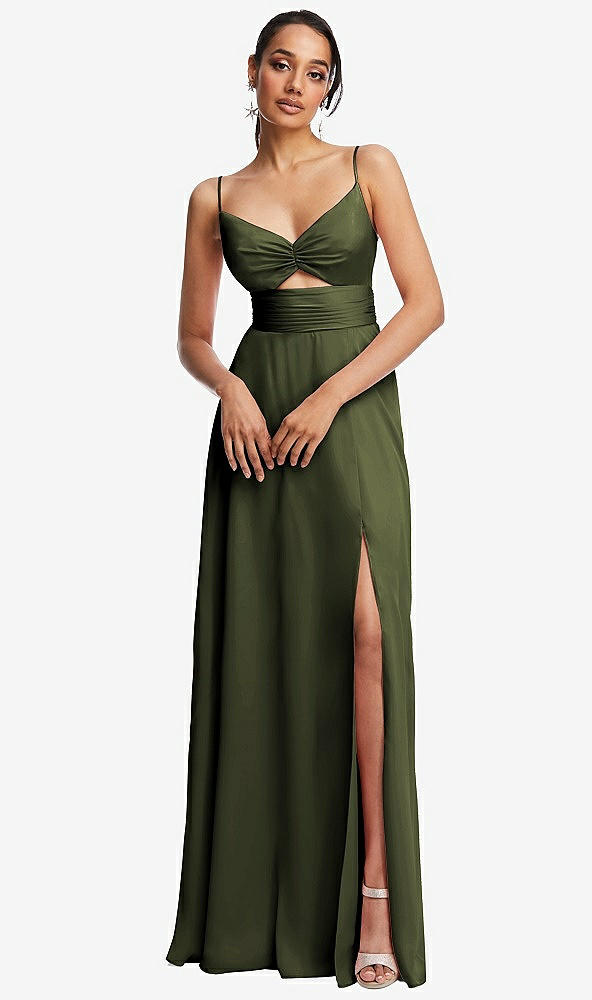 Front View - Olive Green Triangle Cutout Bodice Maxi Dress with Adjustable Straps