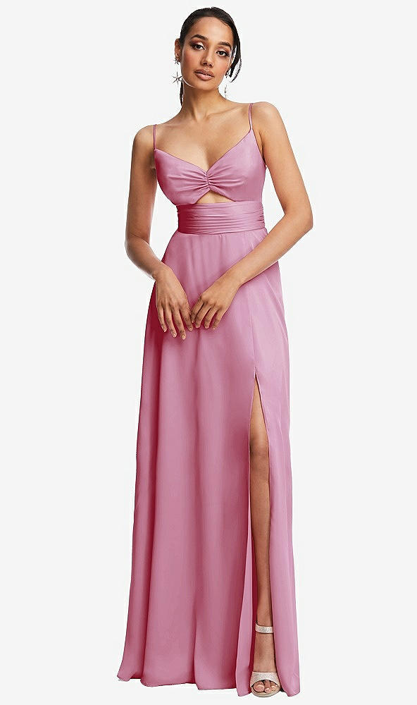Front View - Powder Pink Triangle Cutout Bodice Maxi Dress with Adjustable Straps