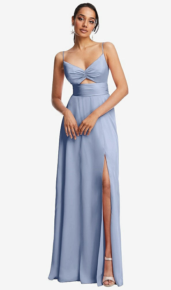 Front View - Sky Blue Triangle Cutout Bodice Maxi Dress with Adjustable Straps