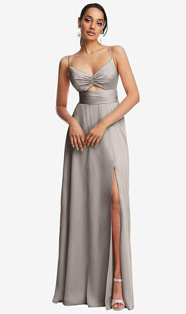 Front View - Taupe Triangle Cutout Bodice Maxi Dress with Adjustable Straps