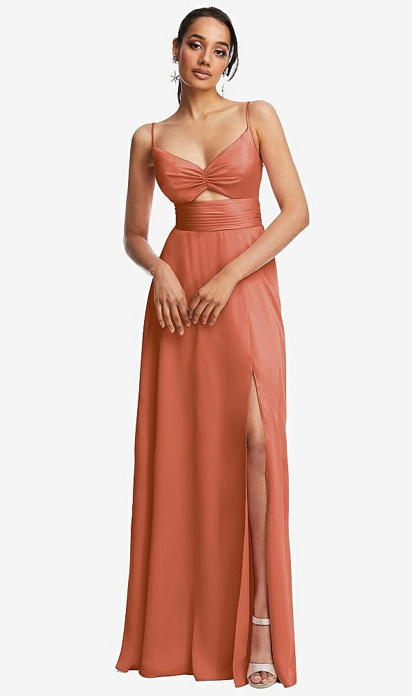 Front View - Terracotta Copper Triangle Cutout Bodice Maxi Dress with Adjustable Straps