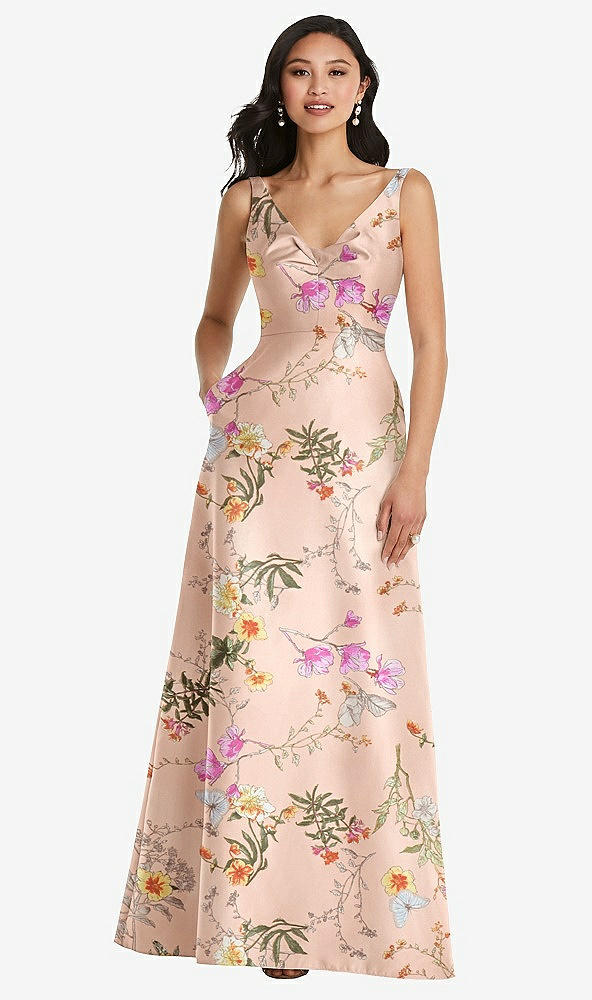 Front View - Butterfly Botanica Pink Sand Pleated Bodice Open-Back Floral Maxi Dress with Pockets