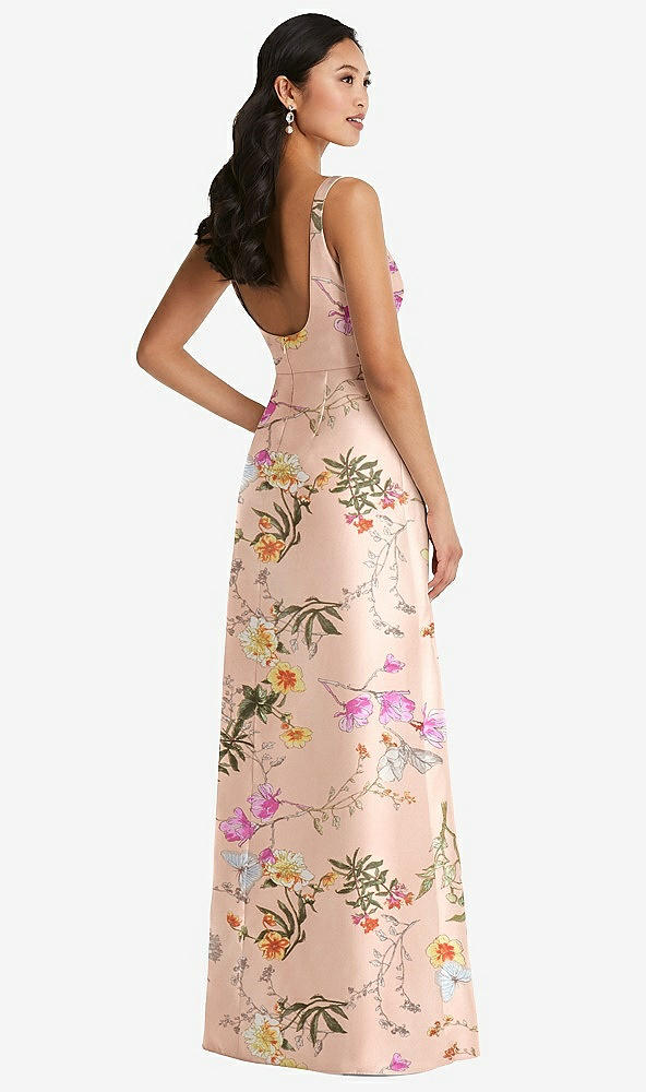Back View - Butterfly Botanica Pink Sand Pleated Bodice Open-Back Floral Maxi Dress with Pockets
