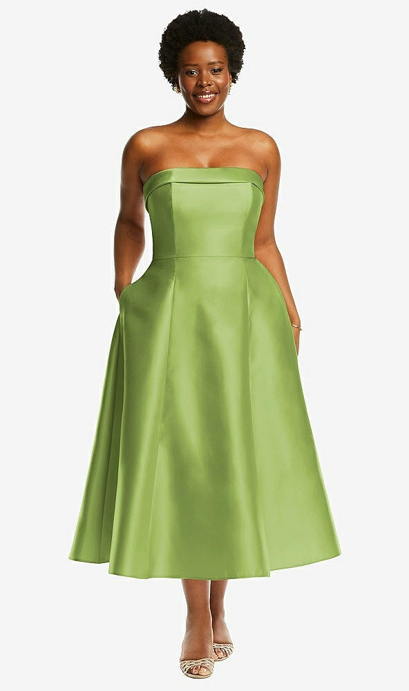 Front View - Mojito Cuffed Strapless Satin Twill Midi Dress with Full Skirt and Pockets