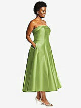Side View Thumbnail - Mojito Cuffed Strapless Satin Twill Midi Dress with Full Skirt and Pockets