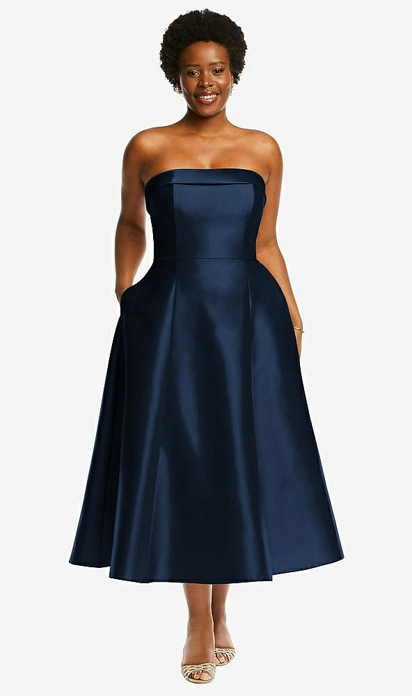 Front View - Midnight Navy Cuffed Strapless Satin Twill Midi Dress with Full Skirt and Pockets