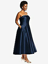 Side View Thumbnail - Midnight Navy Cuffed Strapless Satin Twill Midi Dress with Full Skirt and Pockets