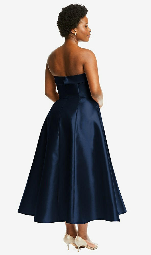 Back View - Midnight Navy Cuffed Strapless Satin Twill Midi Dress with Full Skirt and Pockets