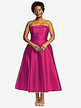 Alt View 1 Thumbnail - Think Pink Cuffed Strapless Satin Twill Midi Dress with Full Skirt and Pockets