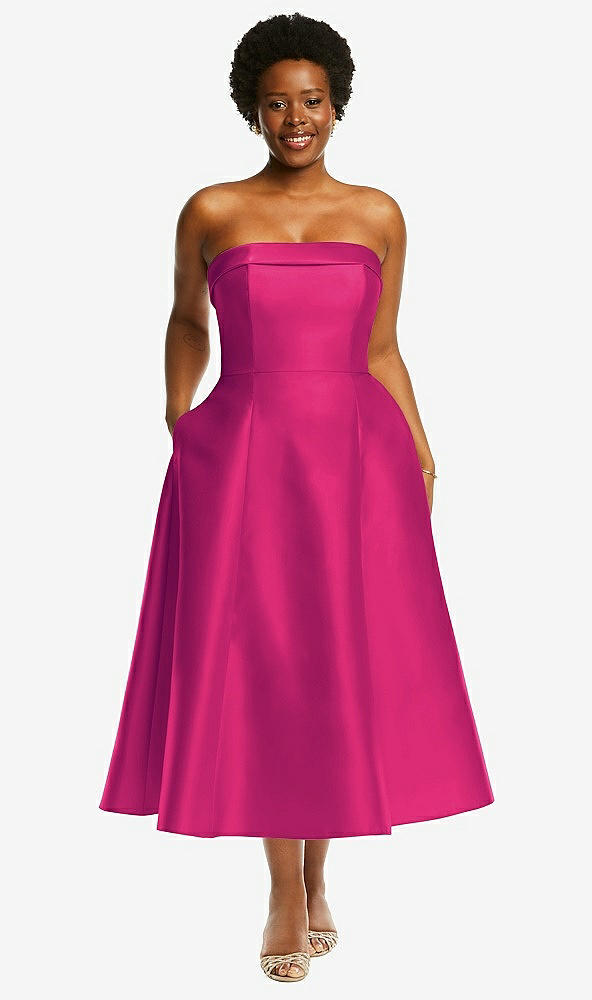Front View - Think Pink Cuffed Strapless Satin Twill Midi Dress with Full Skirt and Pockets