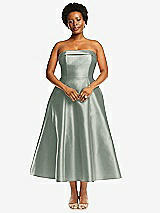 Alt View 1 Thumbnail - Willow Green Cuffed Strapless Satin Twill Midi Dress with Full Skirt and Pockets