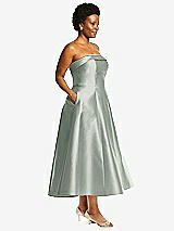 Side View Thumbnail - Willow Green Cuffed Strapless Satin Twill Midi Dress with Full Skirt and Pockets