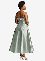 Rear View Thumbnail - Willow Green Cuffed Strapless Satin Twill Midi Dress with Full Skirt and Pockets