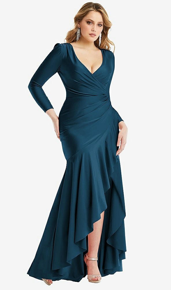Front View - Atlantic Blue Long Sleeve Pleated Wrap Ruffled High Low Stretch Satin Gown
