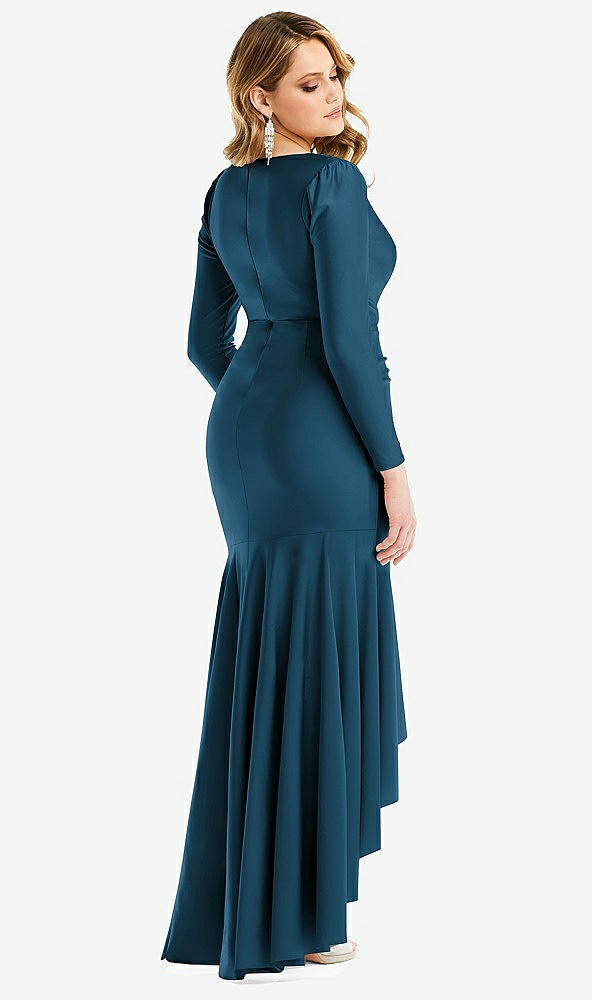 Back View - Atlantic Blue Long Sleeve Pleated Wrap Ruffled High Low Stretch Satin Gown
