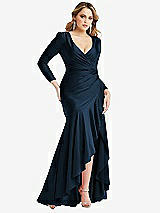 Front View Thumbnail - Midnight Navy Long Sleeve Pleated Wrap Ruffled High Low Stretch Satin Gown