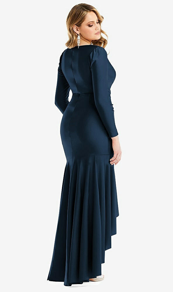Back View - Midnight Navy Long Sleeve Pleated Wrap Ruffled High Low Stretch Satin Gown