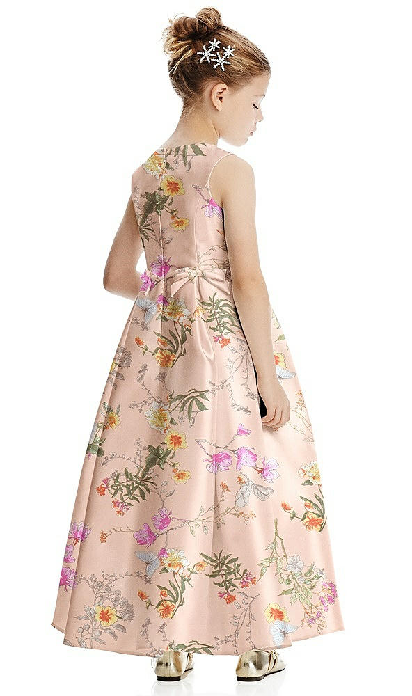 Back View - Butterfly Botanica Pink Sand Floral Princess Line Satin Flower Girl Dress with Bows