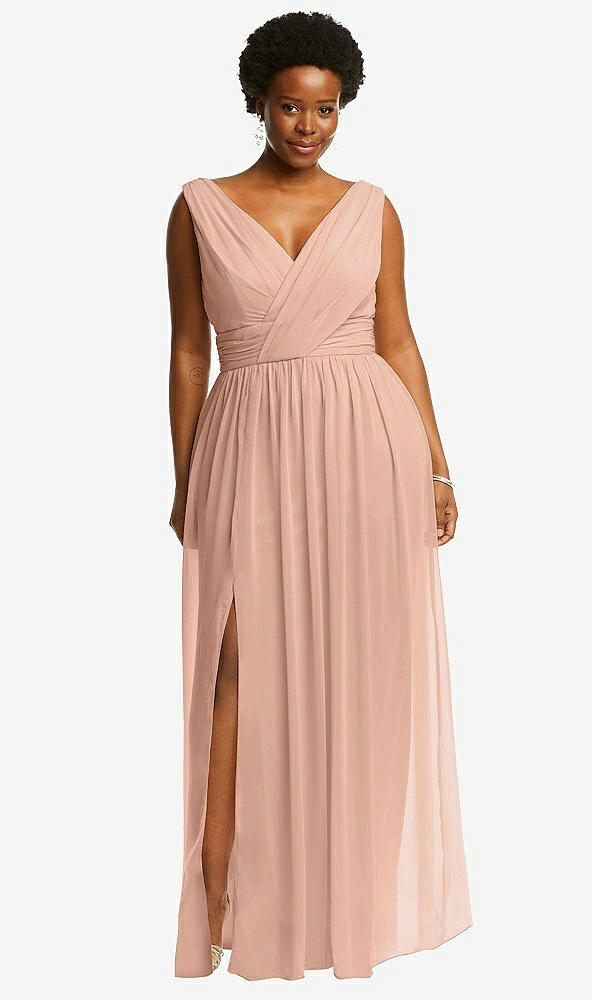 Front View - Pale Peach Sleeveless Draped Chiffon Maxi Dress with Front Slit