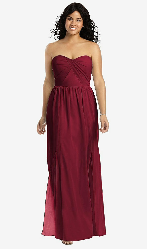 Front View - Burgundy Strapless Draped Bodice Maxi Dress with Front Slits