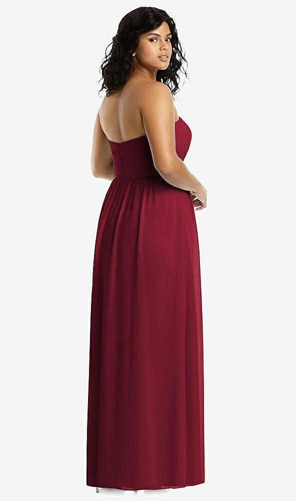 Back View - Burgundy Strapless Draped Bodice Maxi Dress with Front Slits
