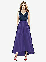 Front View Thumbnail - Grape & Midnight Navy Sleeveless Pleated Skirt High Low Dress with Pockets