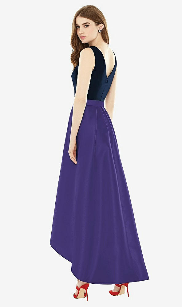 Back View - Grape & Midnight Navy Sleeveless Pleated Skirt High Low Dress with Pockets