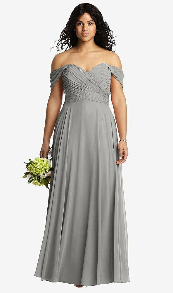Front View - Chelsea Gray Off-the-Shoulder Draped Chiffon Maxi Dress