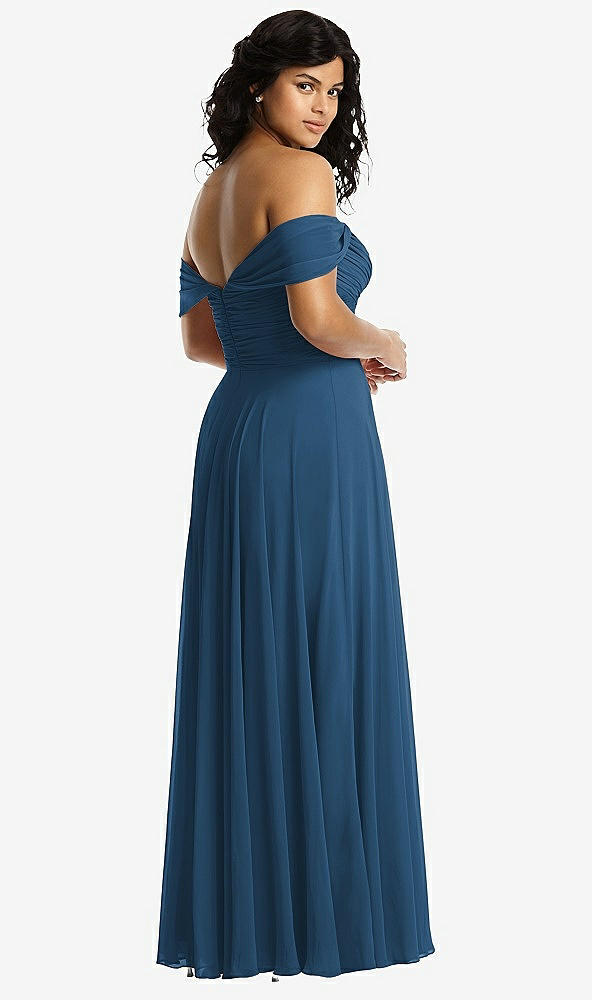 Back View - Dusk Blue Off-the-Shoulder Draped Chiffon Maxi Dress