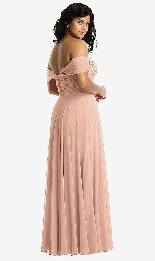 Back View - Pale Peach Off-the-Shoulder Draped Chiffon Maxi Dress
