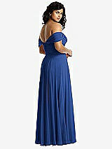 Rear View Thumbnail - Classic Blue Off-the-Shoulder Draped Chiffon Maxi Dress