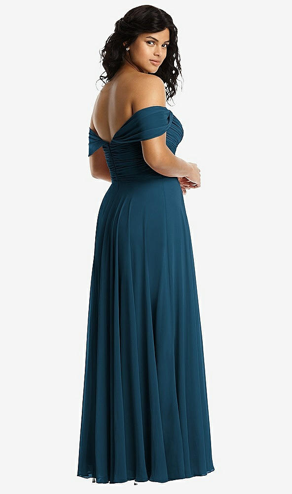 Back View - Atlantic Blue Off-the-Shoulder Draped Chiffon Maxi Dress