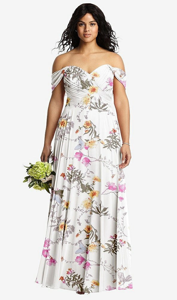Front View - Butterfly Botanica Ivory Off-the-Shoulder Draped Chiffon Maxi Dress