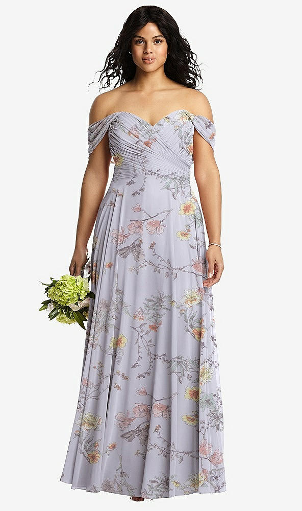 Front View - Butterfly Botanica Silver Dove Off-the-Shoulder Draped Chiffon Maxi Dress
