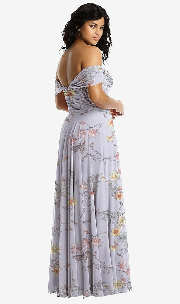 Back View - Butterfly Botanica Silver Dove Off-the-Shoulder Draped Chiffon Maxi Dress