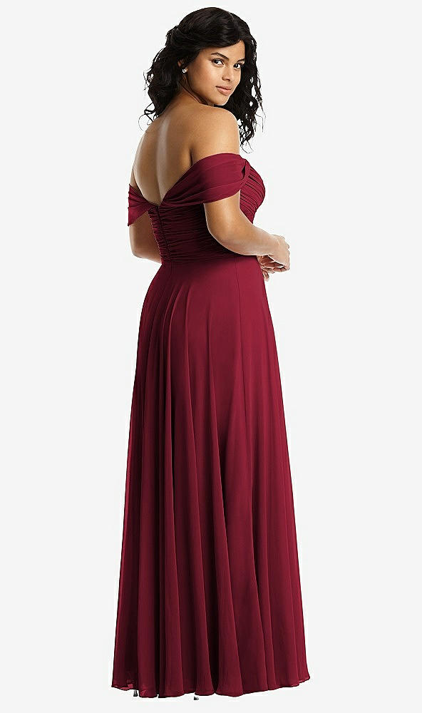 Back View - Burgundy Off-the-Shoulder Draped Chiffon Maxi Dress