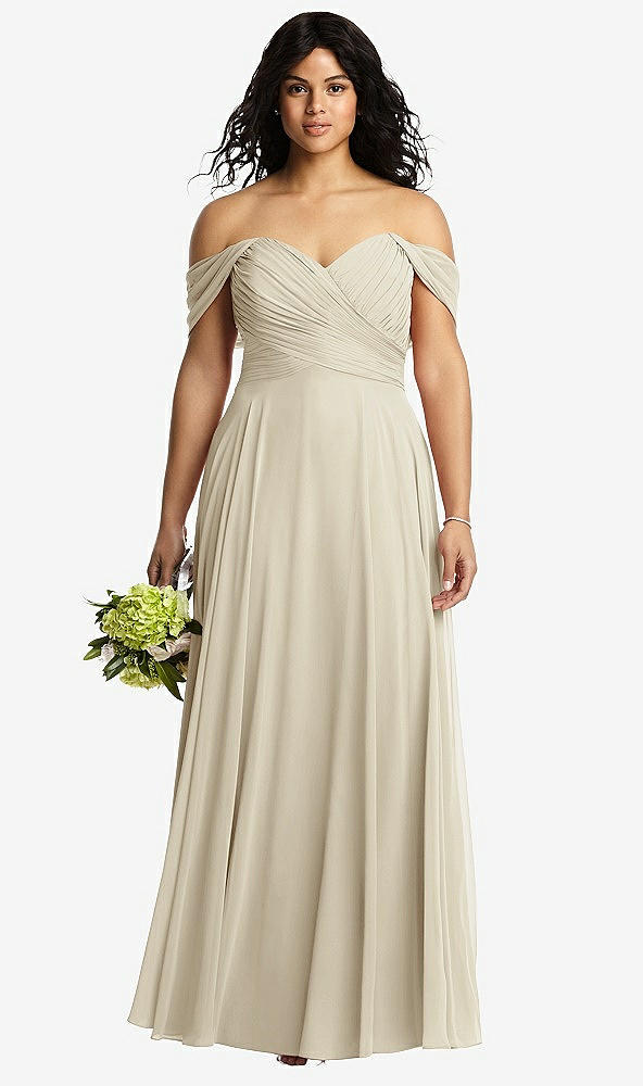 Front View - Champagne Off-the-Shoulder Draped Chiffon Maxi Dress