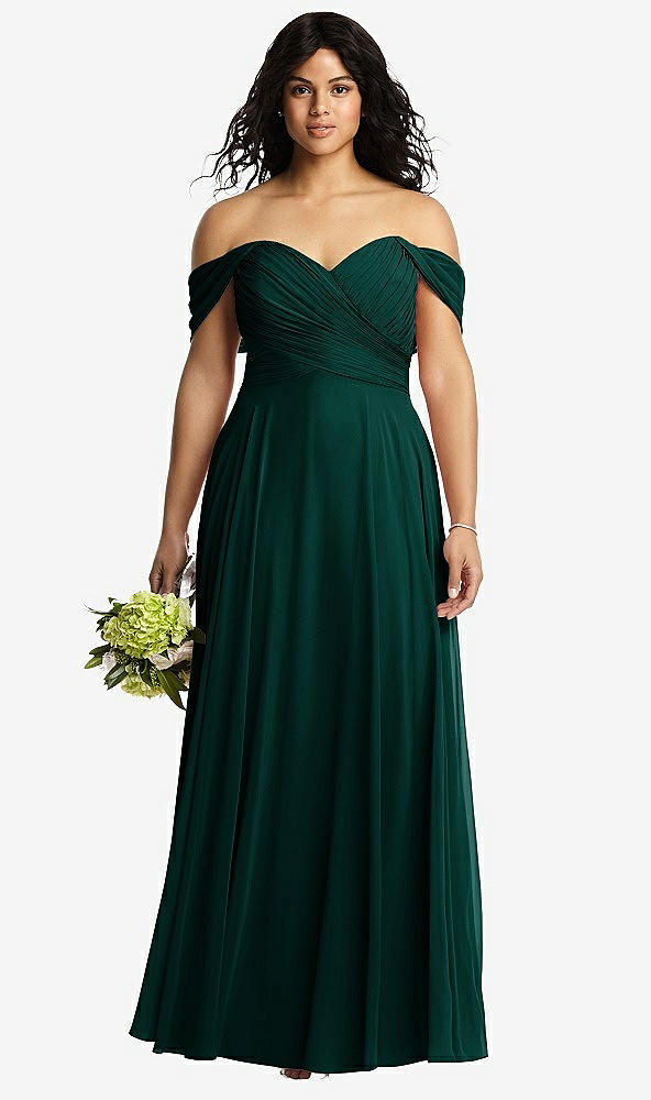 Front View - Evergreen Off-the-Shoulder Draped Chiffon Maxi Dress