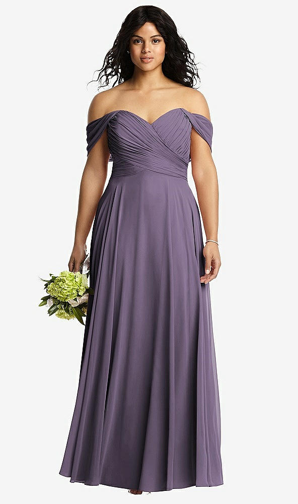 Front View - Lavender Off-the-Shoulder Draped Chiffon Maxi Dress