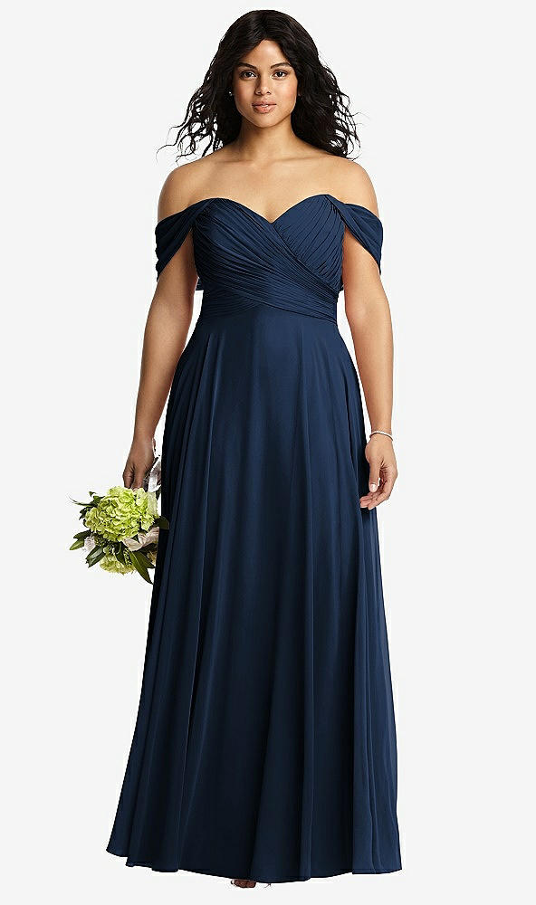 Front View - Midnight Navy Off-the-Shoulder Draped Chiffon Maxi Dress