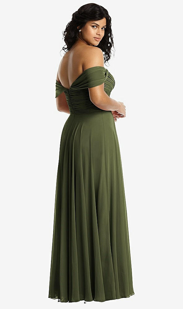 Back View - Olive Green Off-the-Shoulder Draped Chiffon Maxi Dress