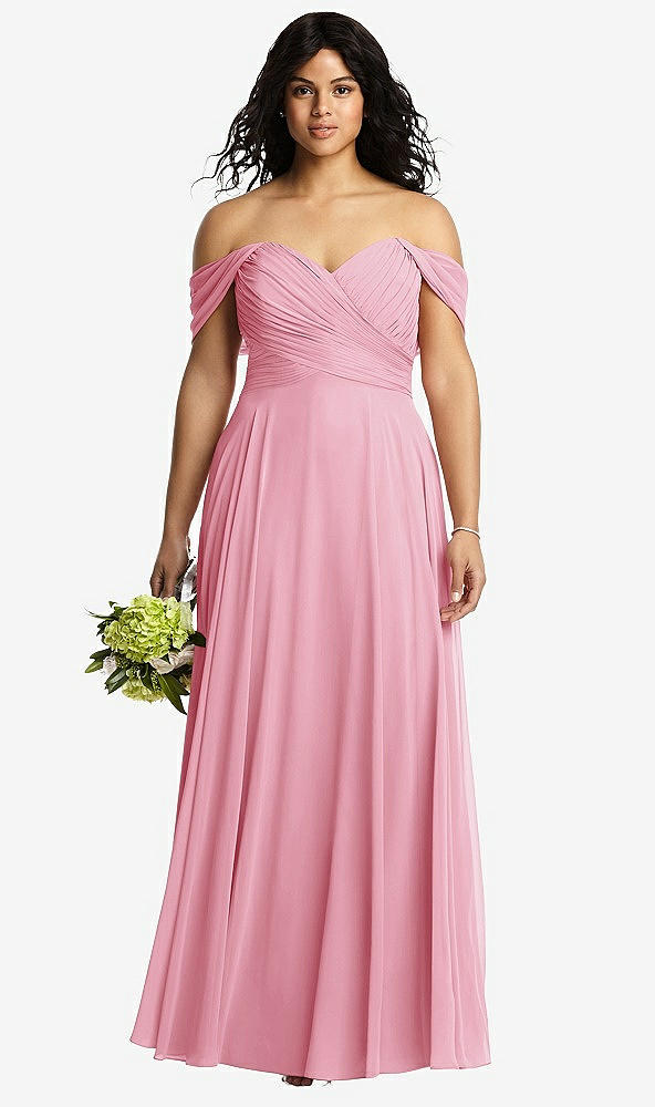 Front View - Peony Pink Off-the-Shoulder Draped Chiffon Maxi Dress