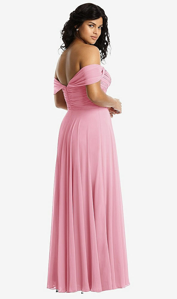 Back View - Peony Pink Off-the-Shoulder Draped Chiffon Maxi Dress