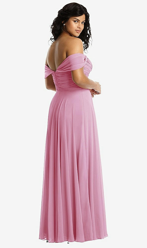 Back View - Powder Pink Off-the-Shoulder Draped Chiffon Maxi Dress