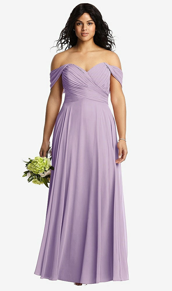 Front View - Pale Purple Off-the-Shoulder Draped Chiffon Maxi Dress
