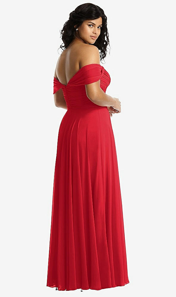 Back View - Parisian Red Off-the-Shoulder Draped Chiffon Maxi Dress