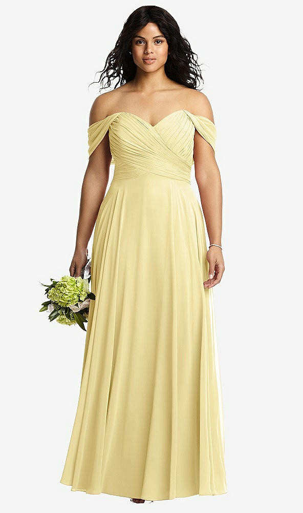 Front View - Pale Yellow Off-the-Shoulder Draped Chiffon Maxi Dress