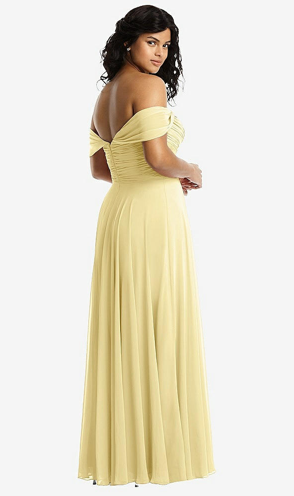 Back View - Pale Yellow Off-the-Shoulder Draped Chiffon Maxi Dress