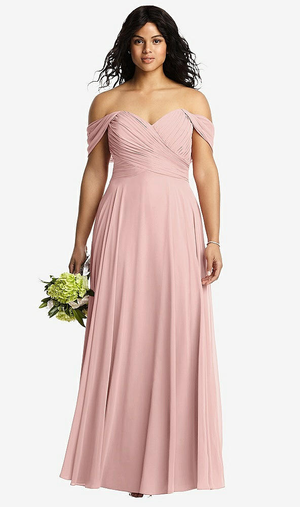 Front View - Rose - PANTONE Rose Quartz Off-the-Shoulder Draped Chiffon Maxi Dress