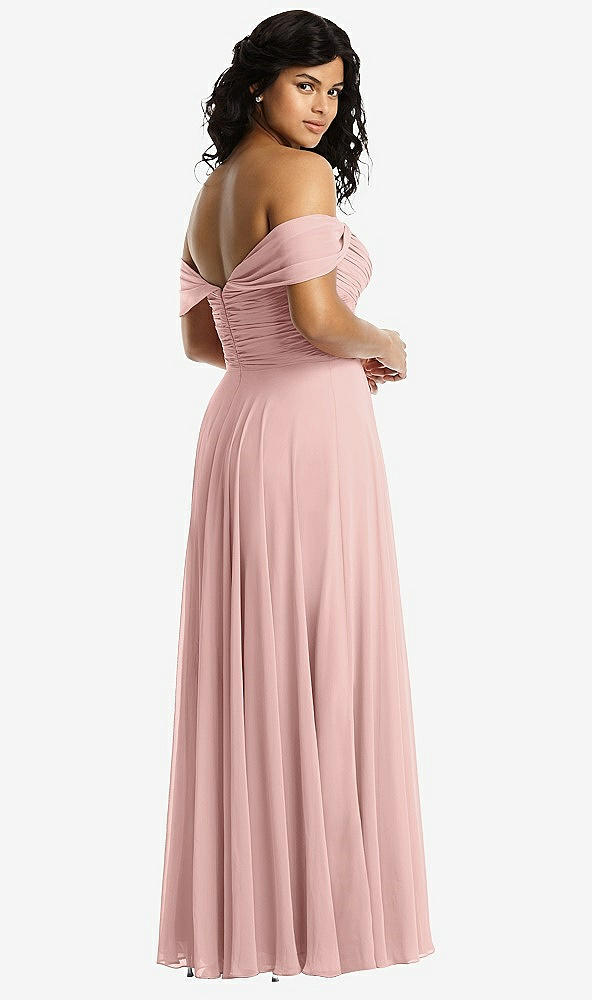 Back View - Rose - PANTONE Rose Quartz Off-the-Shoulder Draped Chiffon Maxi Dress